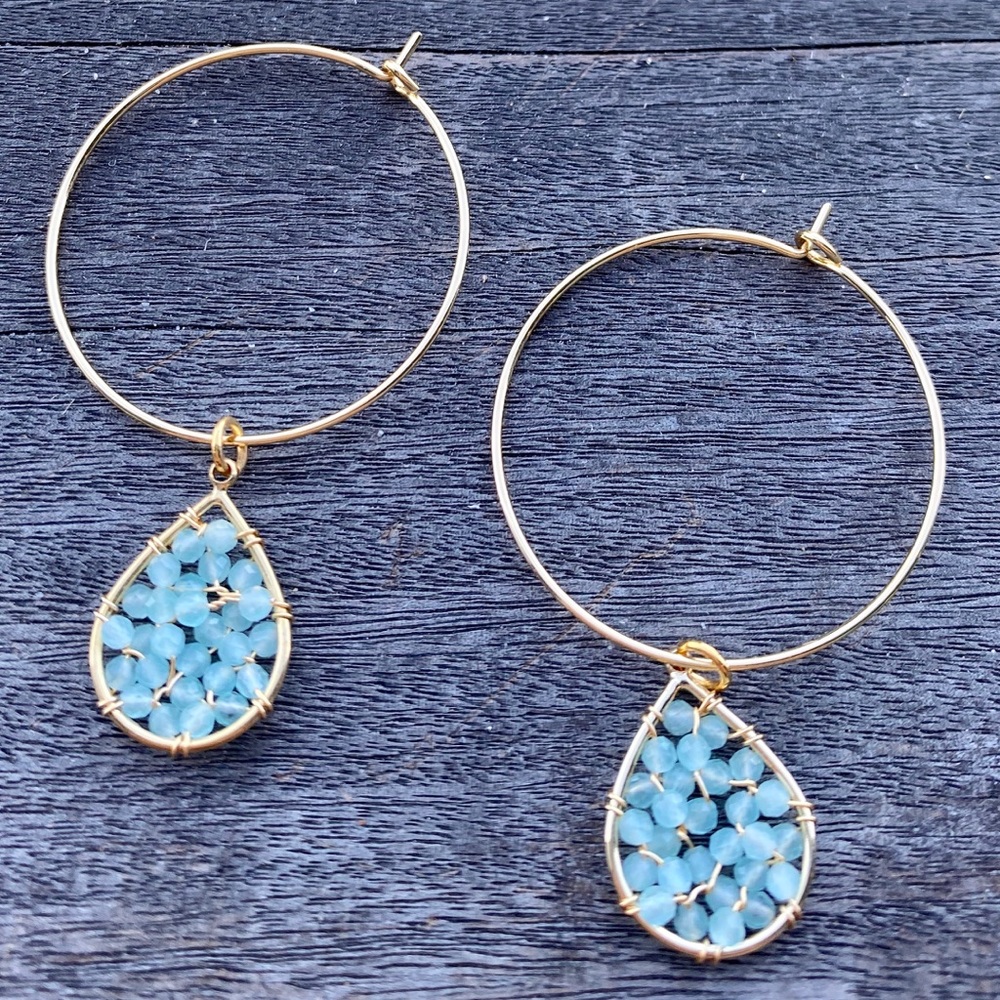 Aqua Woven Gold Hoop Earrings